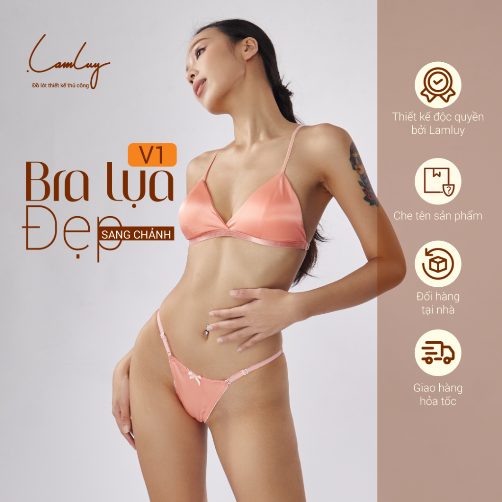 Áo ngực không gọng Lamluy V1 bra lụa satin hồng cam