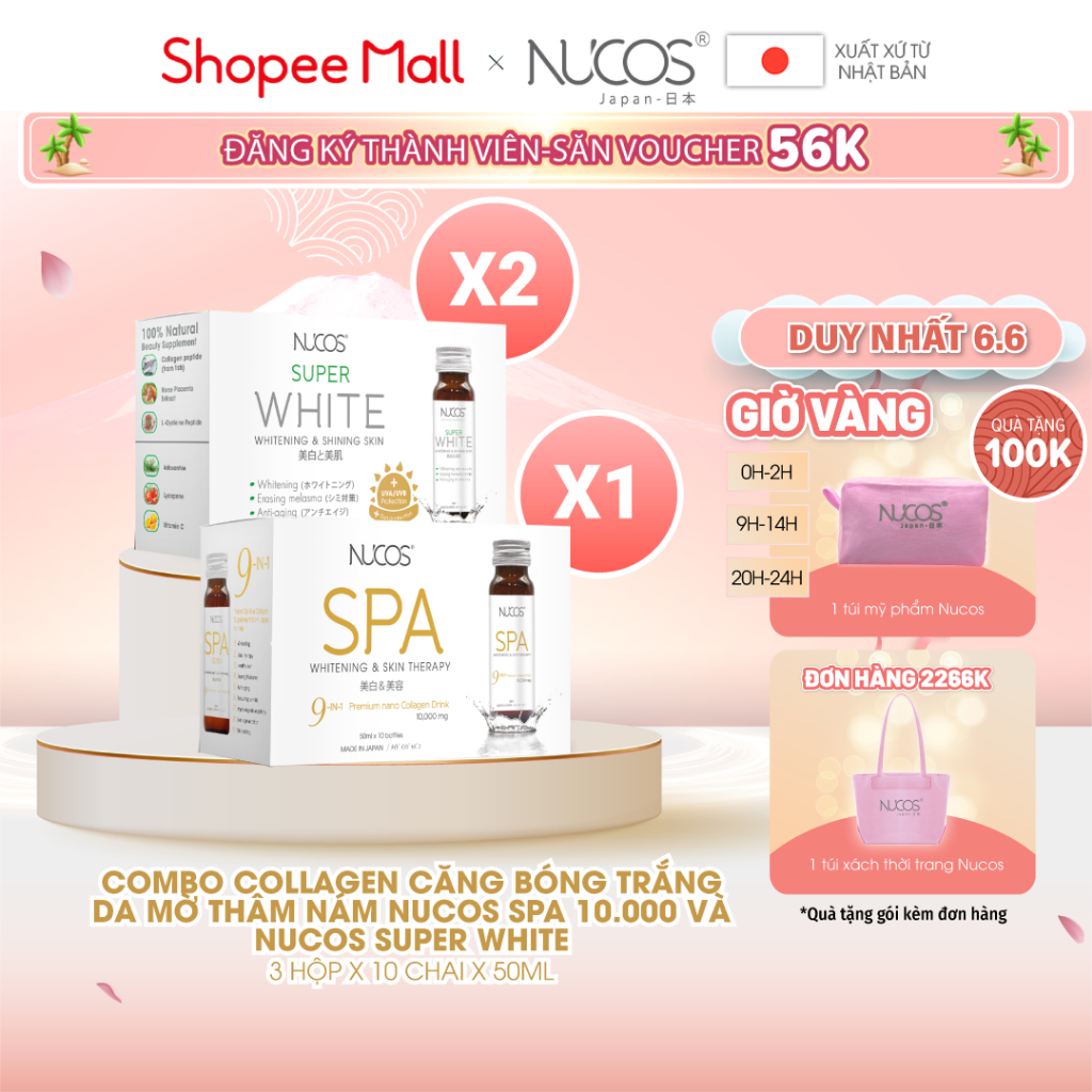 Combo nước uống collagen căng bóng trắng da mờ thâm nám Nucos Spa 10.000 và Nucos Super White 3 hộp x 10 chai