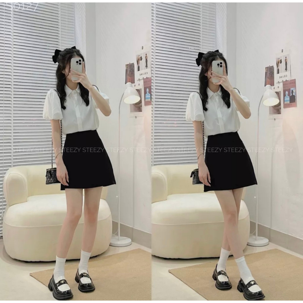 Áo sơ mi cộc tay phồng EMIX, cúc ngọc, tay ngắn, form rộng dưới 55kg, chất thô boil 856
