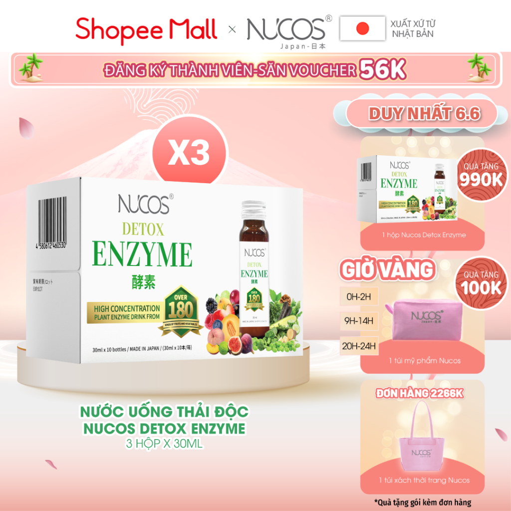 Combo 3 hộp nước uống thải độc Nucos Detox Enzyme 30ml x 10 chai