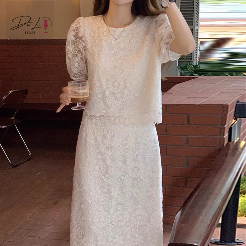 (ORDER)- Set áo váy cổ tròn phối ren đẹp vintage Hàn Quốc-Mẫu mới