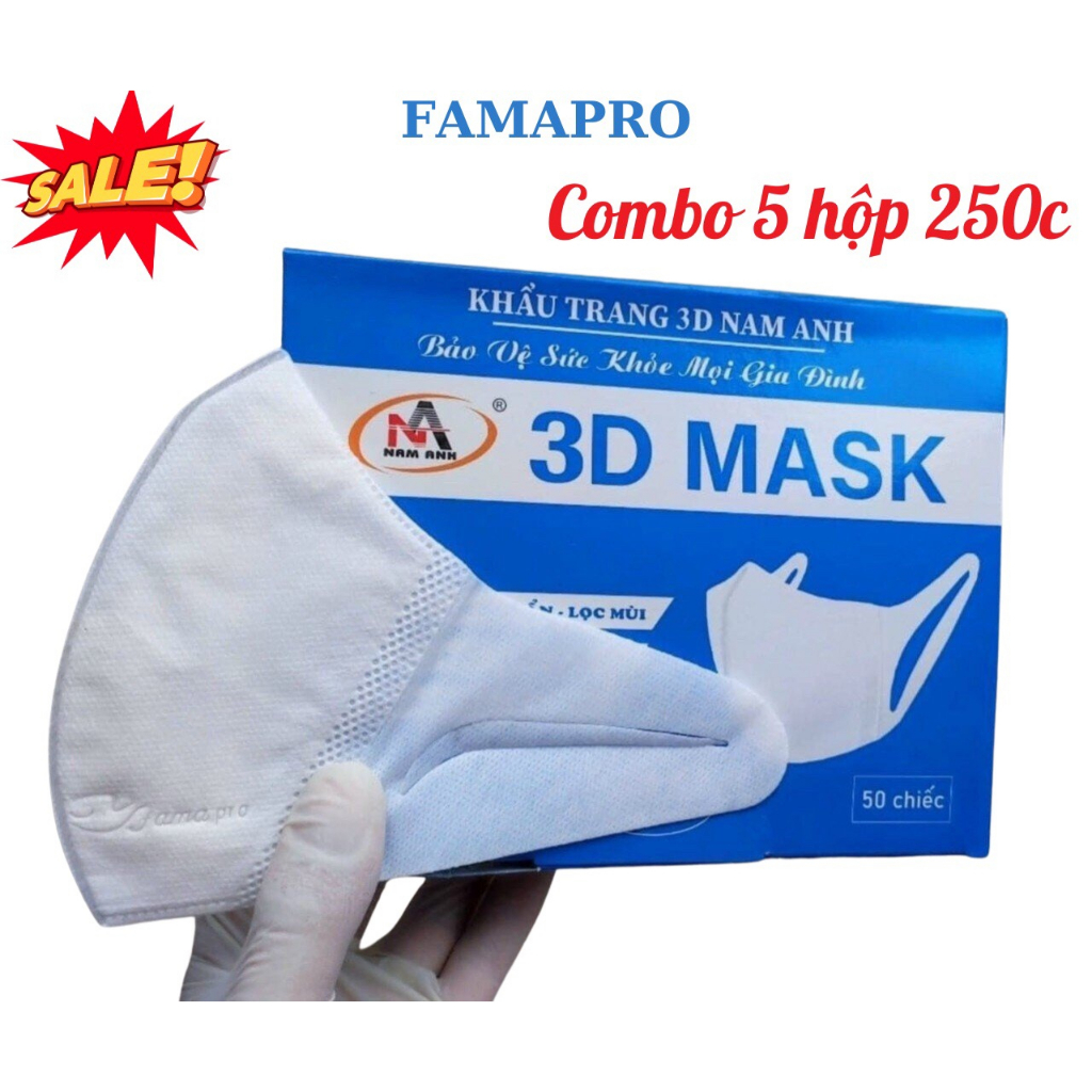 [KHẨU TRANG KHÁNG KHUẨN] Combo 5 hộp 250c Famapro 3D quai vải 3 lớp kháng khuẩn