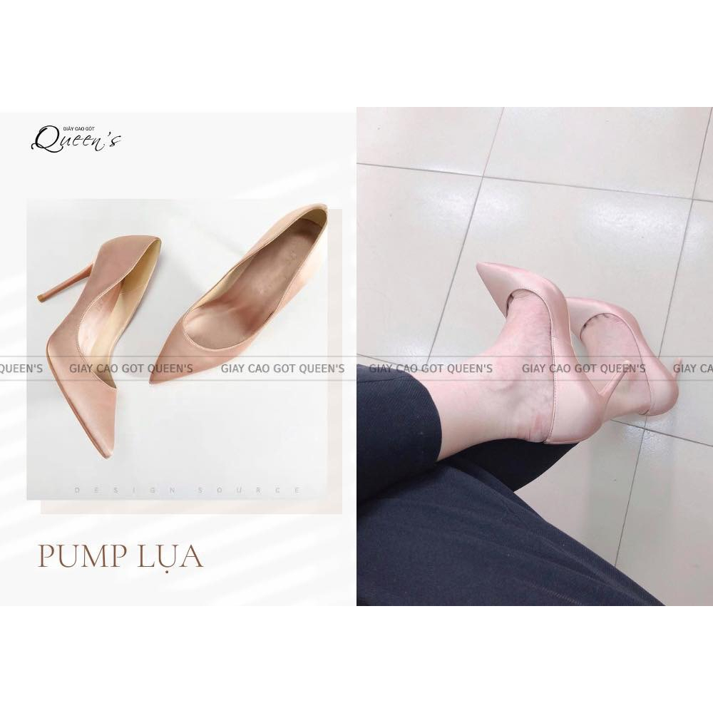Giày Cao Gót Nữ Mũi Nhọn Nude Satin Cao Cấp QUEENS STORE sang êm chắc chân-cao 7-9-11CM