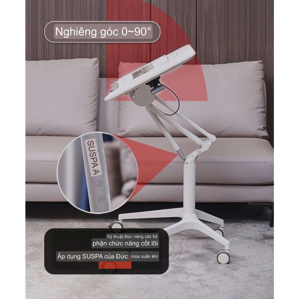 Bàn làm việc đứng thuyết trình mặt nghiêng có thanh chặn chống trượt, có piston nâng hạ bánh xe di chuyển có phanh hãm