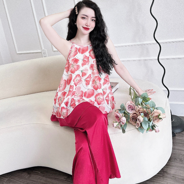 Đồ Bộ Nữ SOJUN Yếm Voan Quần Lụa Dài Có Túi