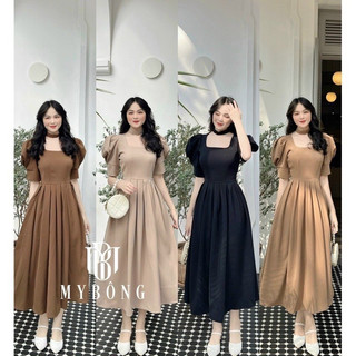 Đầm dáng dài cổ vuông thắt nơ lưng kèm vòng cổ vải đính ngọc