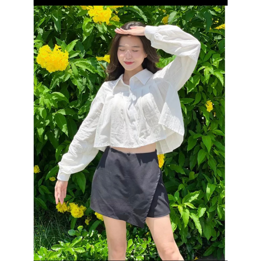 Áo sơmi croptop xếp ly dài tay nhẹ nhàng xinh xắn