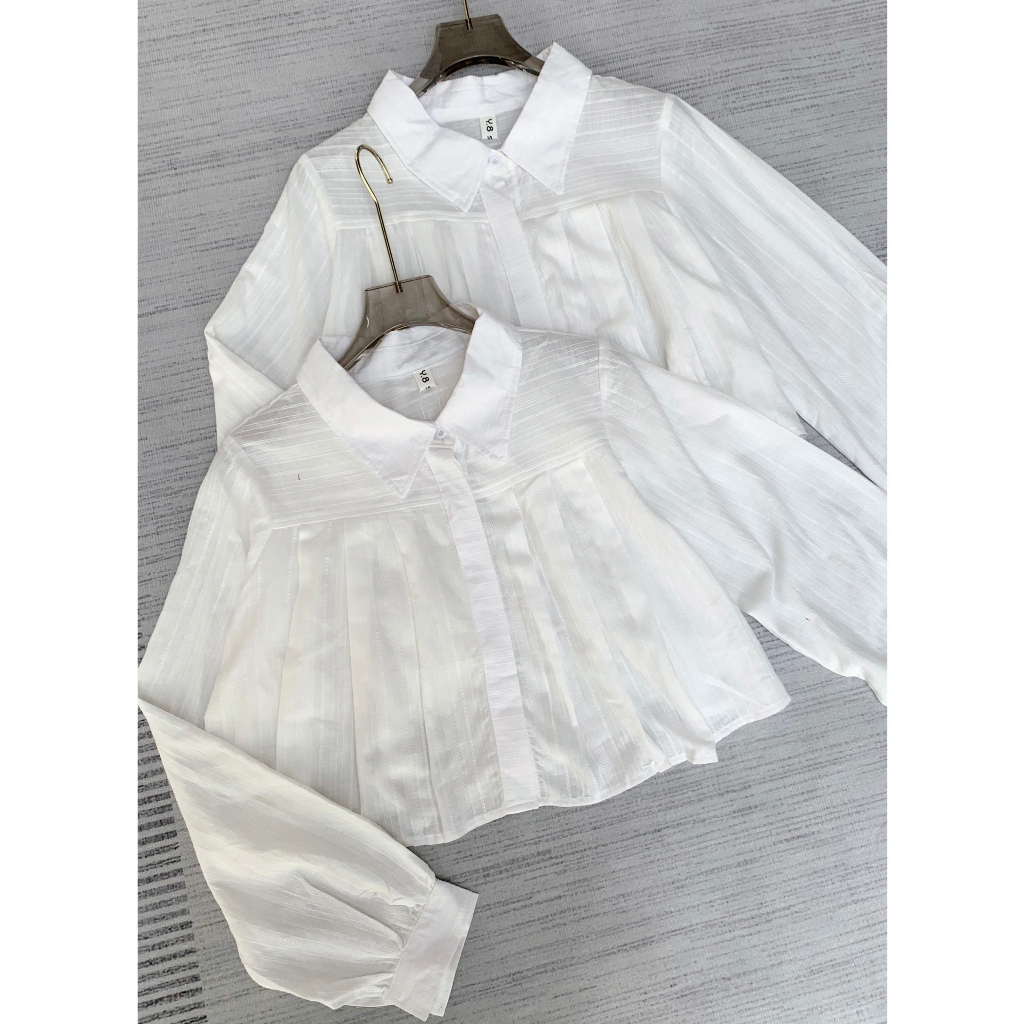 Áo sơmi croptop xếp ly dài tay nhẹ nhàng xinh xắn