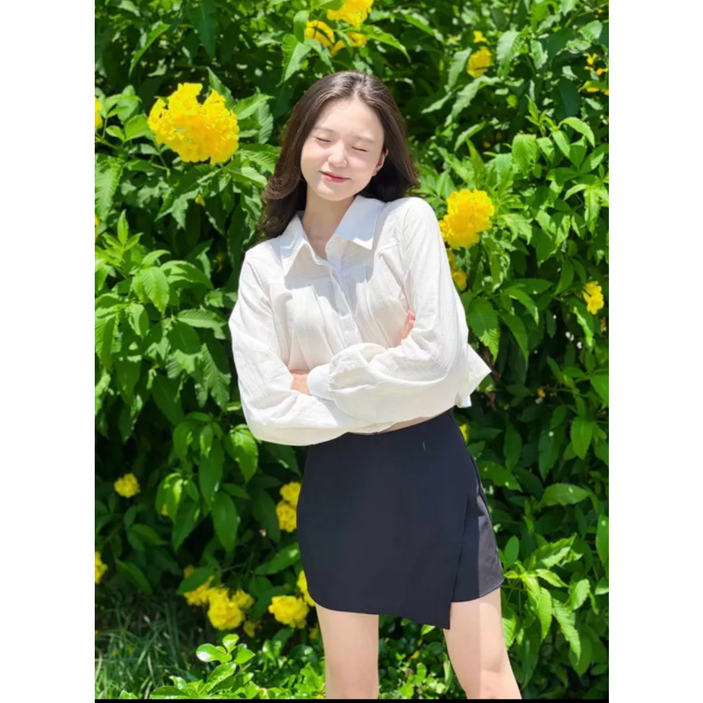 Áo sơmi croptop xếp ly dài tay nhẹ nhàng xinh xắn