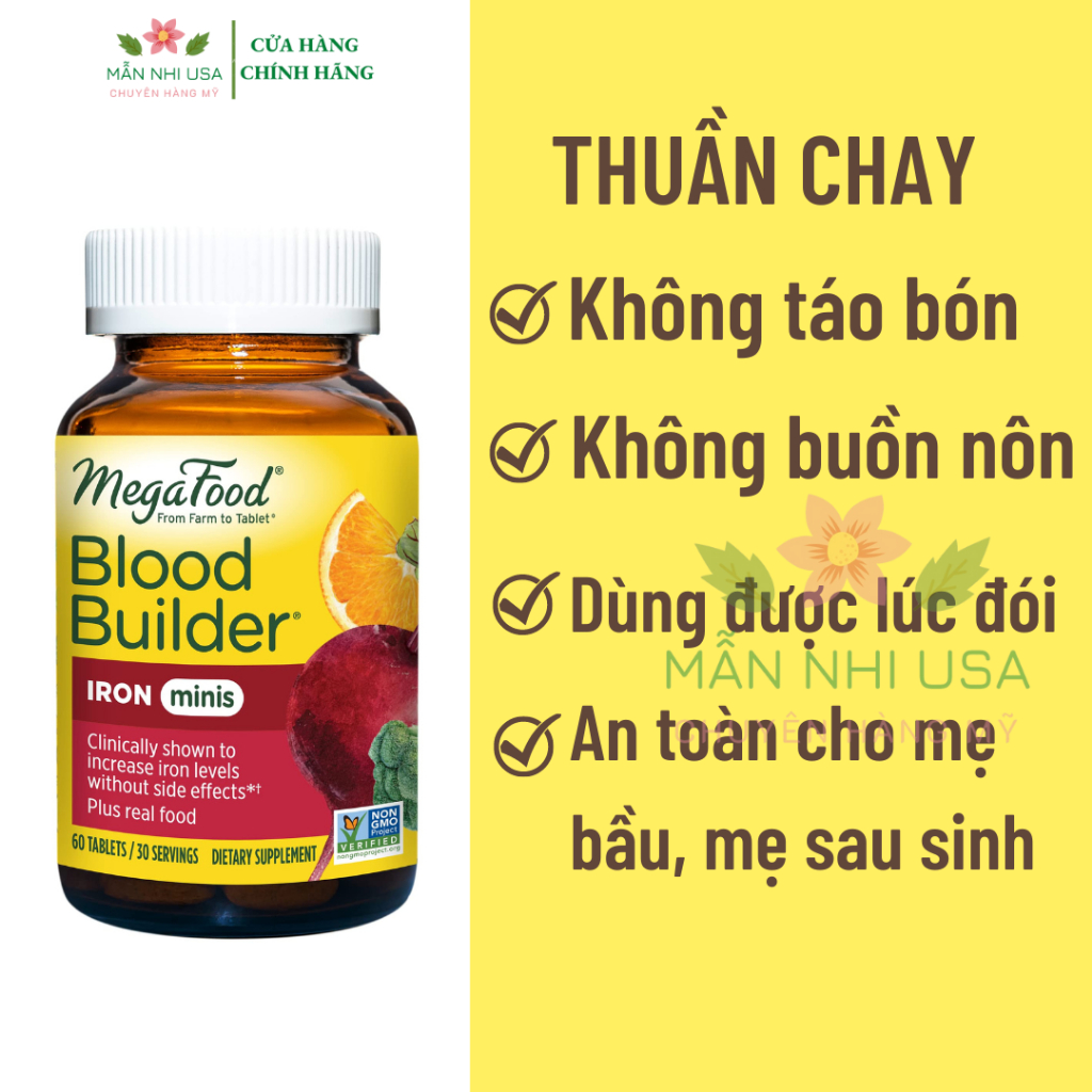 Viên uống bổ sung sắt thuần chay không gây táo bón MegaFood Blood Builder Minis 60 viên - dùng được cho mẹ bầu.