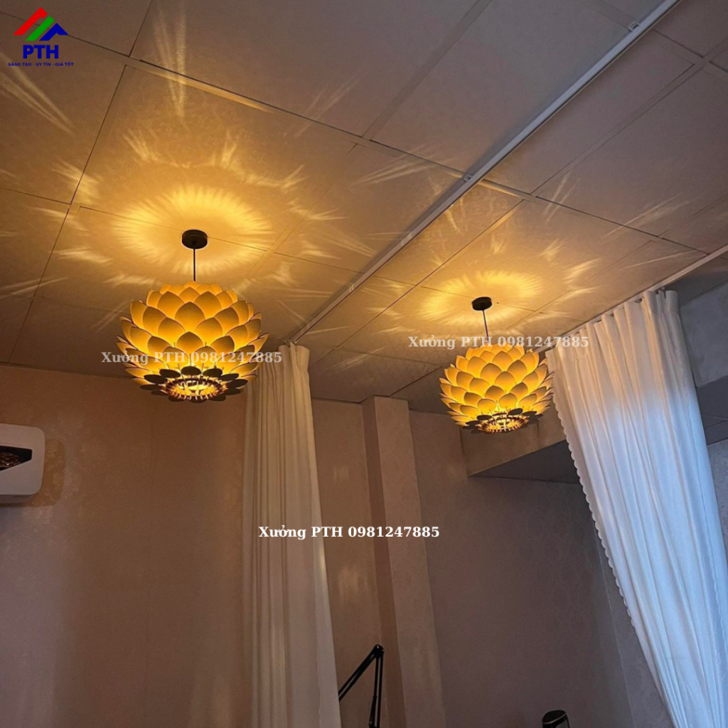 Mẫu 3L - Đèn gỗ ốp trần, đèn trang trí hình hoa sen, giá rẻ, đèn chùm đẹp