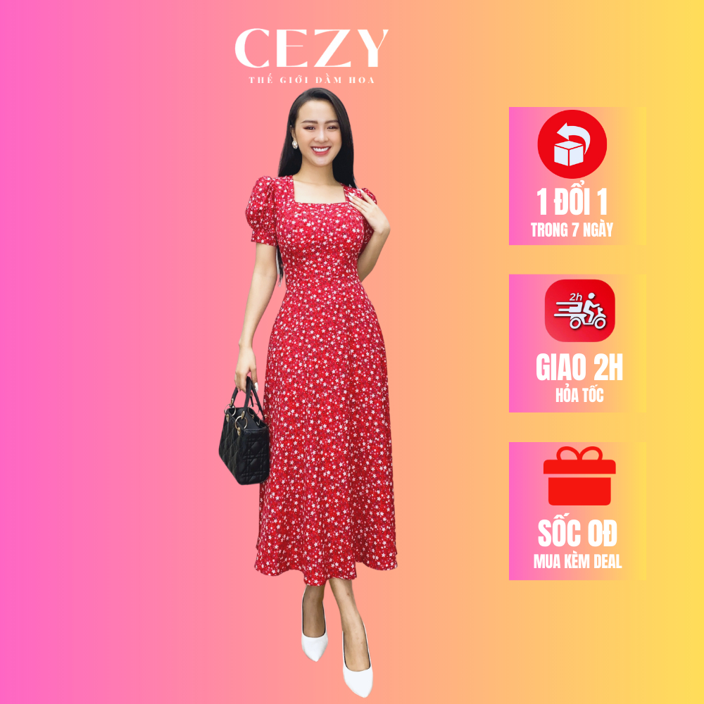 Đầm cổ vuông hoa nhí tay phồng bigsize CEZY dáng dài xòe có lót chất lụa nhiều màu từ 45kg đến 70kg - D154
