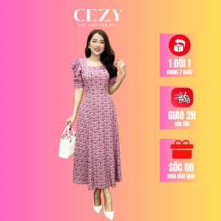 Đầm hoa nhí cổ vuông tay phồng dáng xòe dài có size bigsize CEZY D155