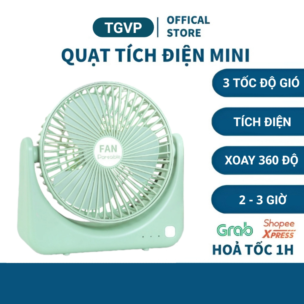 Quạt Để Bàn Mini Tích Điện - Quạt Tích Điện 3 Cấp Độ Gió Siêu Mát