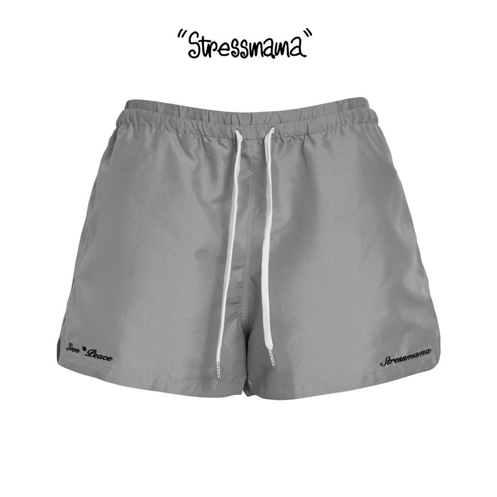 Stressmama - Quần short đùi DOUBLE WAISTBAND Grey chất liệu dù 100% Polyester form trên gối, hoa tiết thêu Local Brand