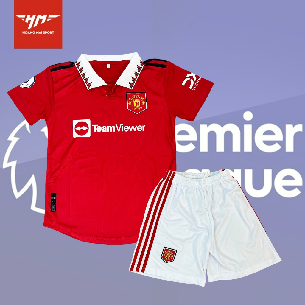 Bộ quần áo bóng đá trẻ em clb Manchester United cổ bẻ quần trắng mè thái