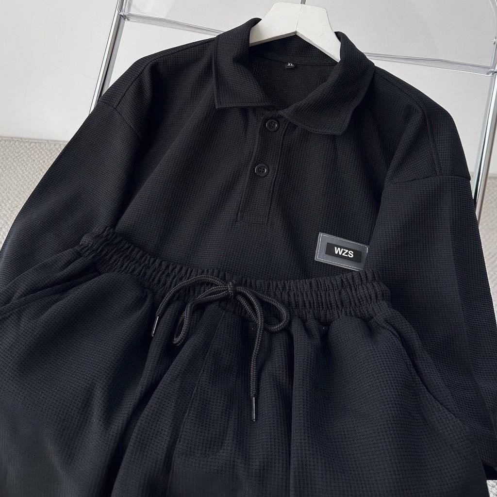 Sét đồ đi chơi Unisex áo cổ PoLo cúc cài, quần đùi cạp chun chất tổ ong