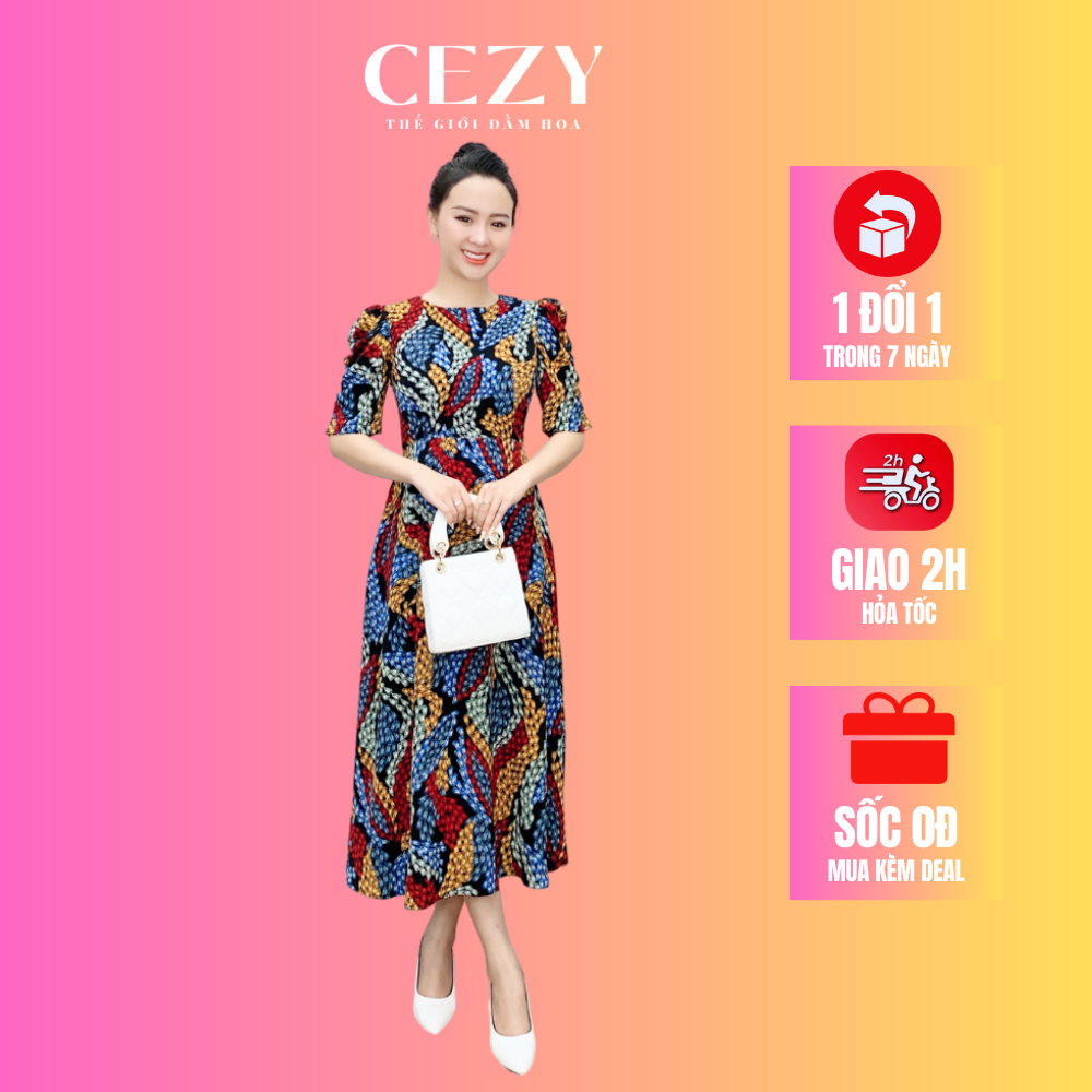 Đầm hoa nhí cổ tròn tay phồng dáng xòe dài có size bigsize CEZY D163
