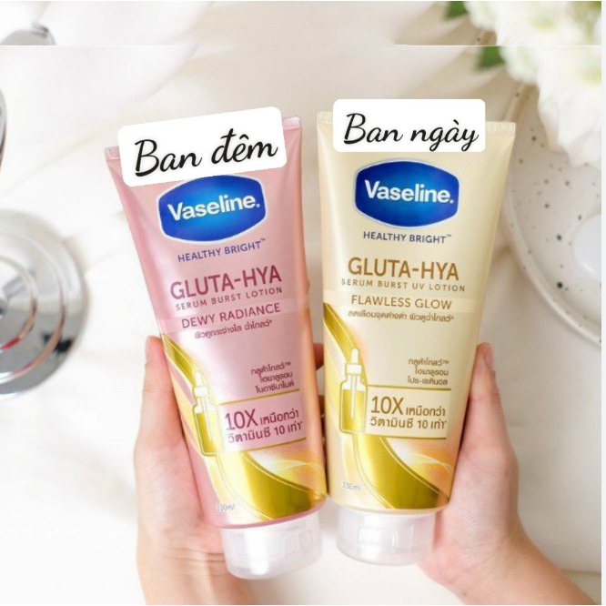 Sữa Dưỡng Thể Trắng Da Vaseline Healthy Bright Gluta HYA Serum 10X ban ngày và ban đêm