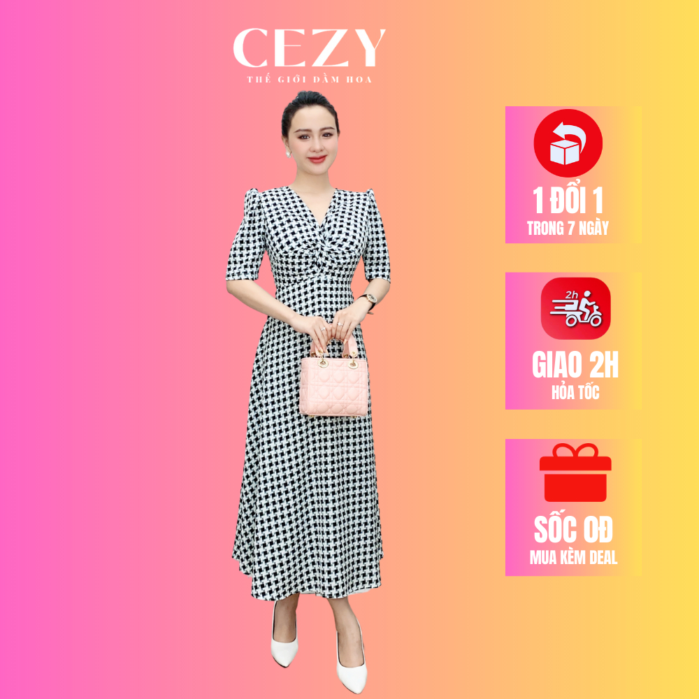 Đầm cổ V xoắn ngực tay phồng dáng xòe dài có size bigsize CEZY D172
