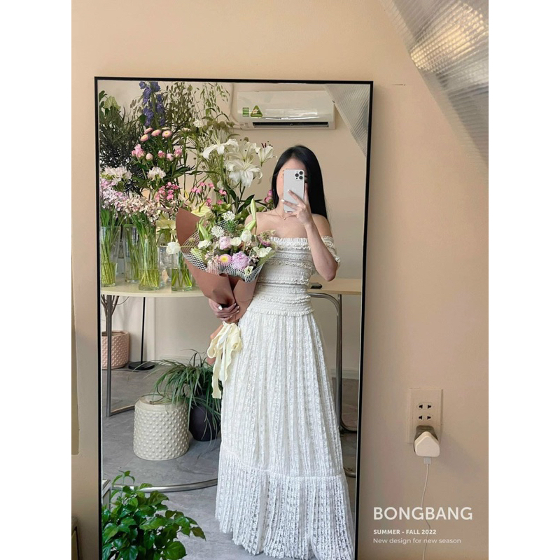 Set ren bèo bệt vai mix chân váy ren dập li duy nhất màu trắng tinh khôi tiểu thơ yêu kiều Hàng sẵn sz S-M ( Ảnh thật )