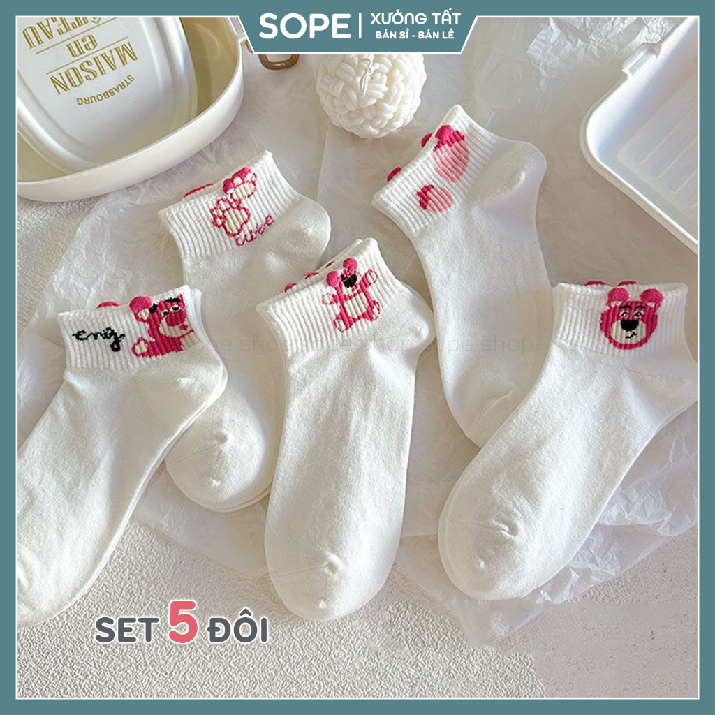 Tất nữ cổ ngắn họa tiết gấu xinh xắn, vớ trắng nữ phong cách đơn giản - Sope Shop
