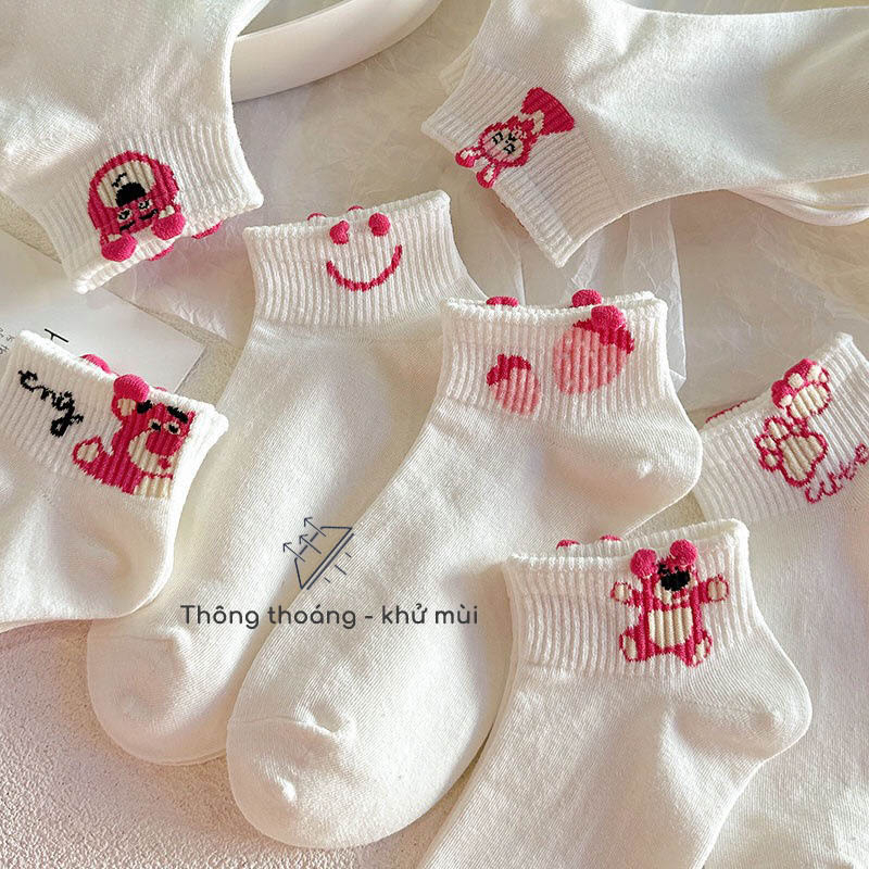 Tất nữ cổ ngắn họa tiết gấu xinh xắn, vớ trắng nữ phong cách đơn giản - Sope Shop