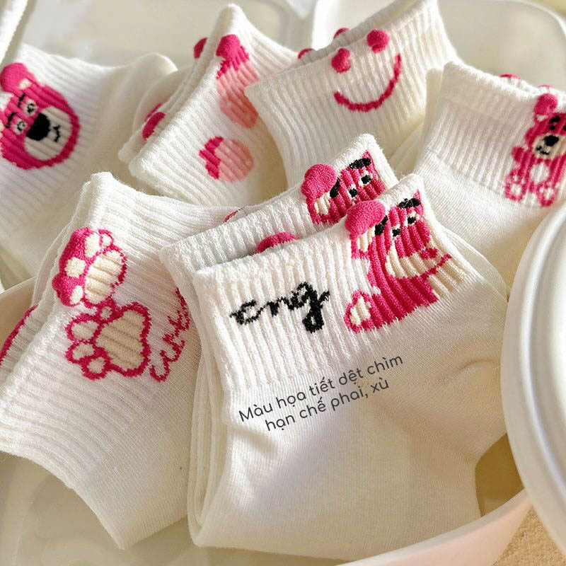 Tất nữ cổ ngắn họa tiết gấu xinh xắn, vớ trắng nữ phong cách đơn giản - Sope Shop