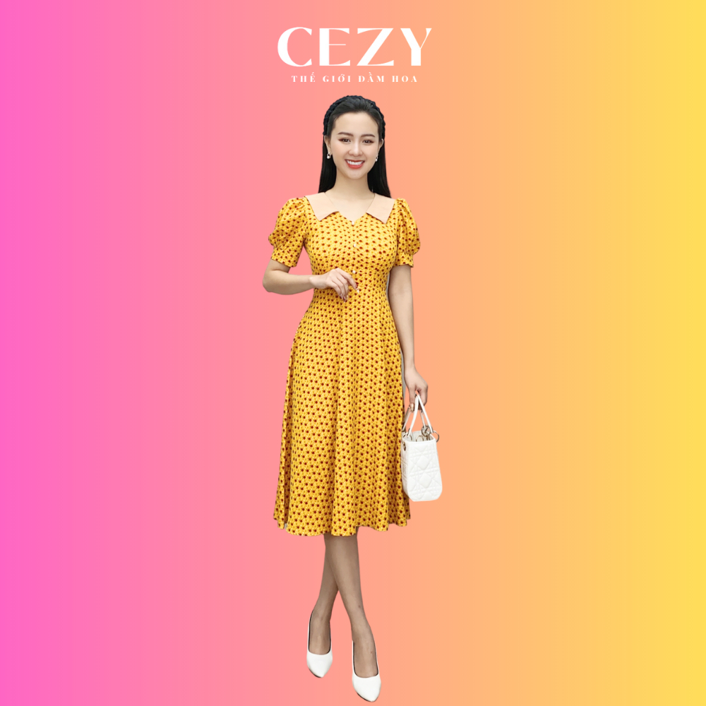 Đầm hoa nhí cổ V tay phồng dáng xòe có size bigsize CEZY D174