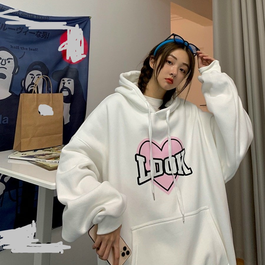 Áo Hoodie Chữ LOOK Hình Trái Tim - Khoác Nỉ Có Nón Mũ 2 Lớp Thu Đông - Rộng Unisex Hàn Quốc Cặp Đôi Nam Nữ Couple