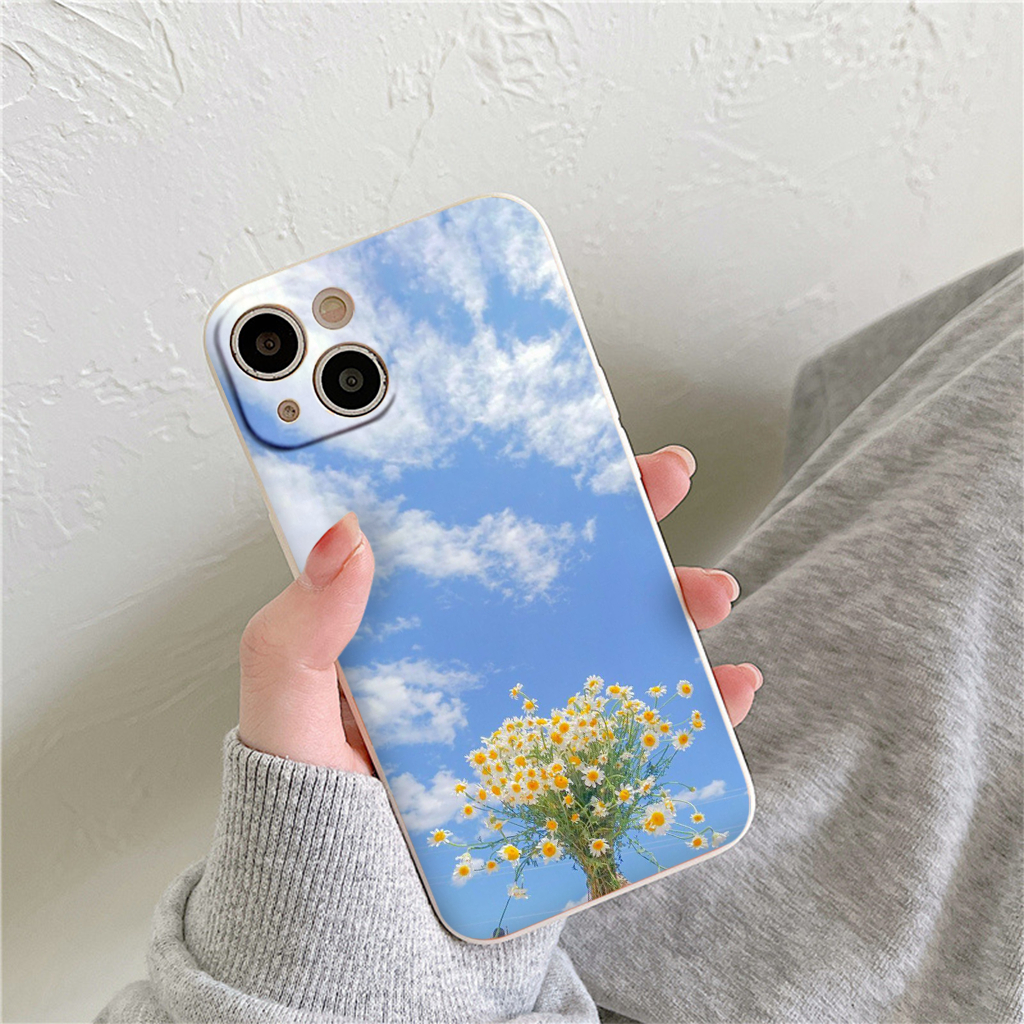 Ốp lưng iphone mềm viền vuông bó hoa trắng đẹp và nền trời xanh 14 13 12 11 Pro Max SE X XR XS 8 7 6 Plus eh27