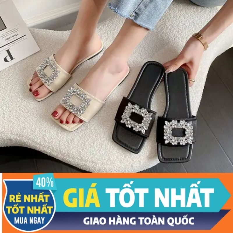 Dép lê nữ đế thấp_Mũi Vuông _quai ngang gắn khóa NGỌC.Thích hợp mang đi Biển_Đi làm_đi học