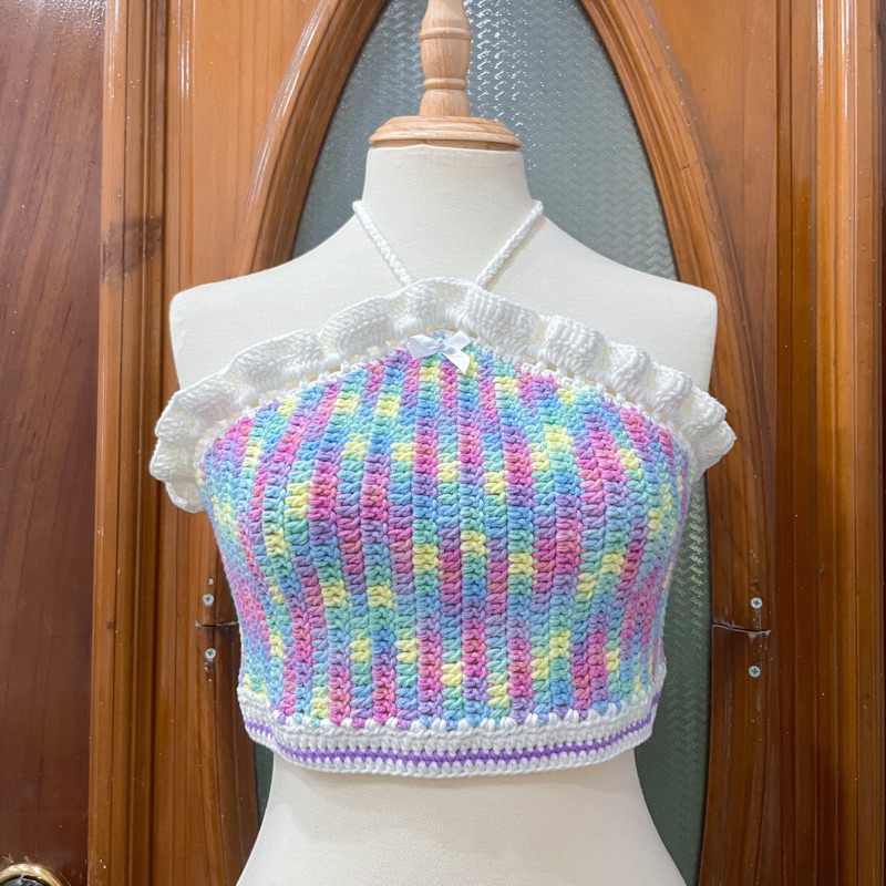 Áo croptop len Áo len móc màu loang thắt dây phía sau