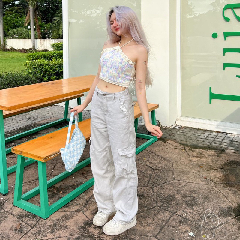 Áo croptop len Áo len móc màu loang thắt dây phía sau