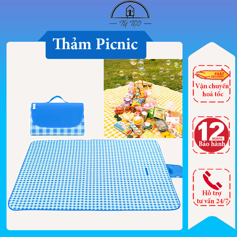Thảm Picnic, Thảm Dã Ngoại Du Lịch Họa Tiết Caro Gấp Gọn, Chống Thấm Nước - Gia Dụng Tý Tẹo