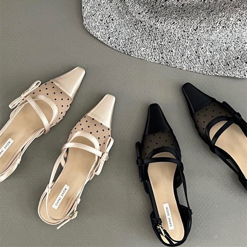 Giày sandal nữ lưới bi mũi nhọn đế bệt hở gót đính nơ tiểu thư