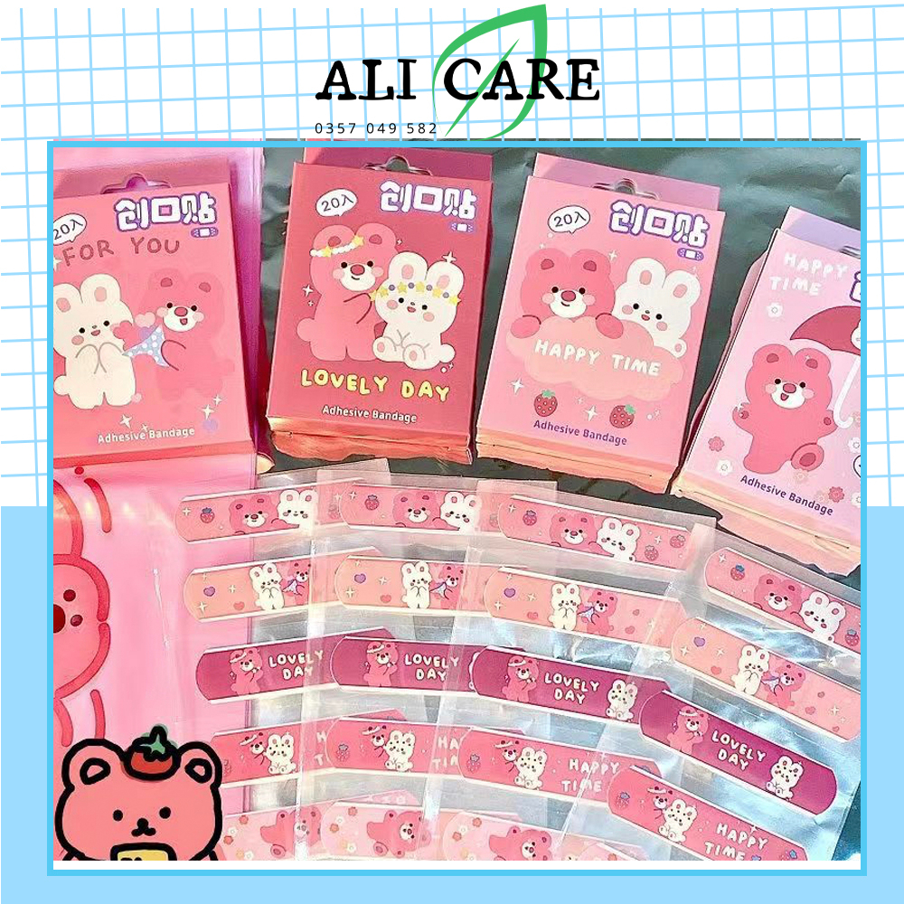 Băng cá nhân Gấu Dâu dễ thương, hộp 20 miếng băng urgo hình gấu dâu cute dán vết thương M101