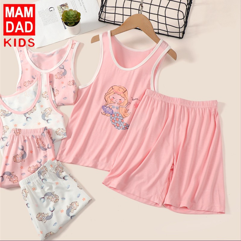 Bộ cotton điều hòa hãng Mamdadkids Ba Lỗ, sát nách mẫu Mỹ nhân ngư Nhỏ cho bé gái