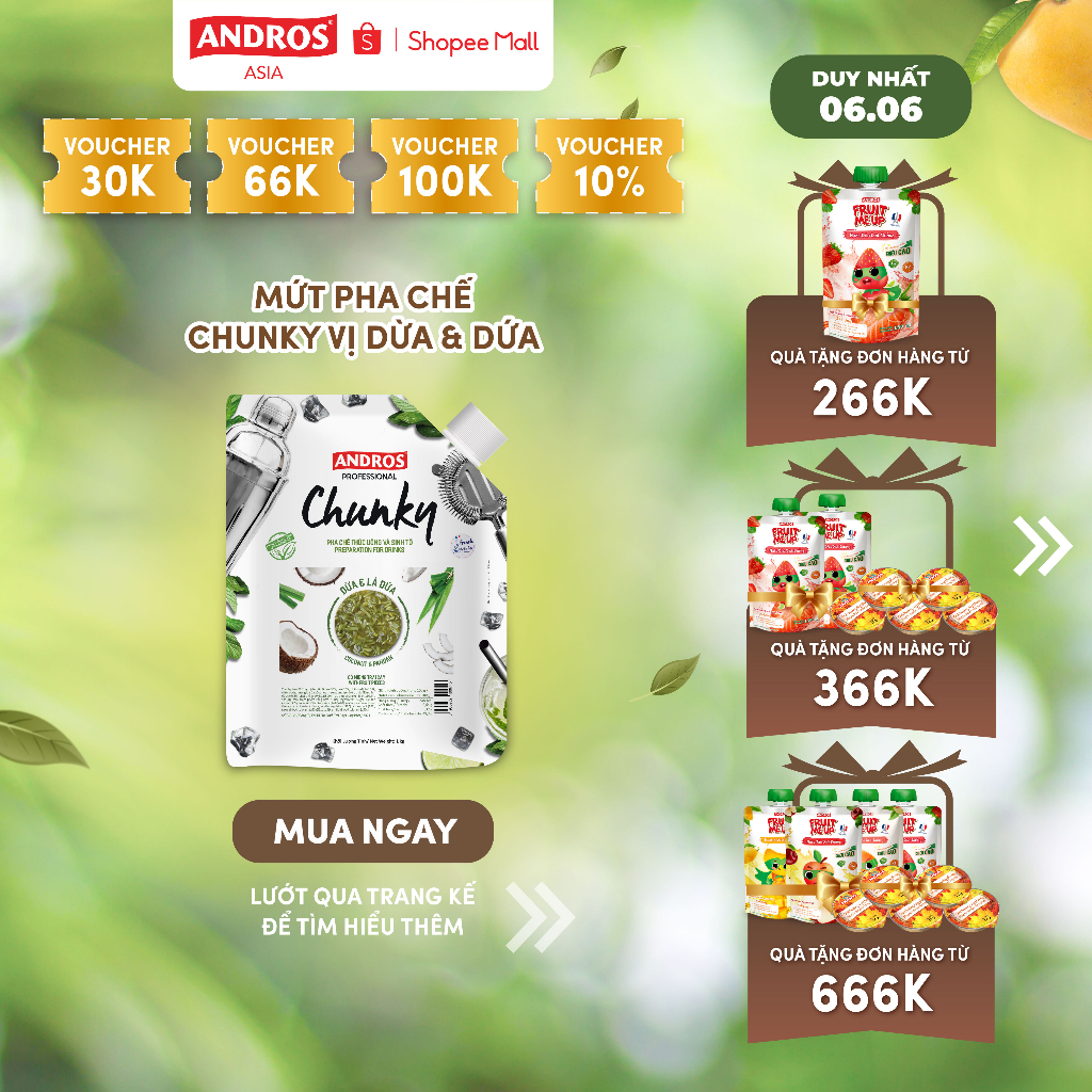 Mứt Trái Cây Pha Chế Dừa & dứa - Có miếng trái cây thật - ANDROS CHUNKY - 1kg