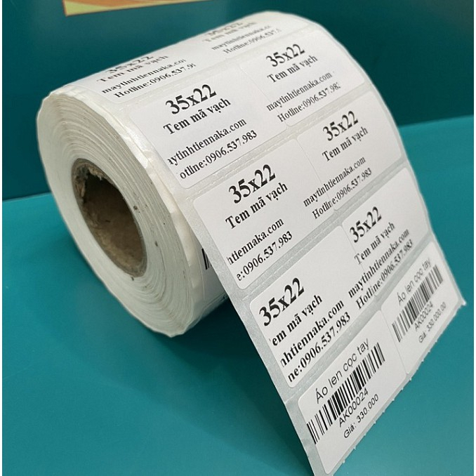 Cuộn in mã vạch, tem nhiệt khổ 2 tem 72x22 mm, giấy in khổ 35x22 decal nhiệt