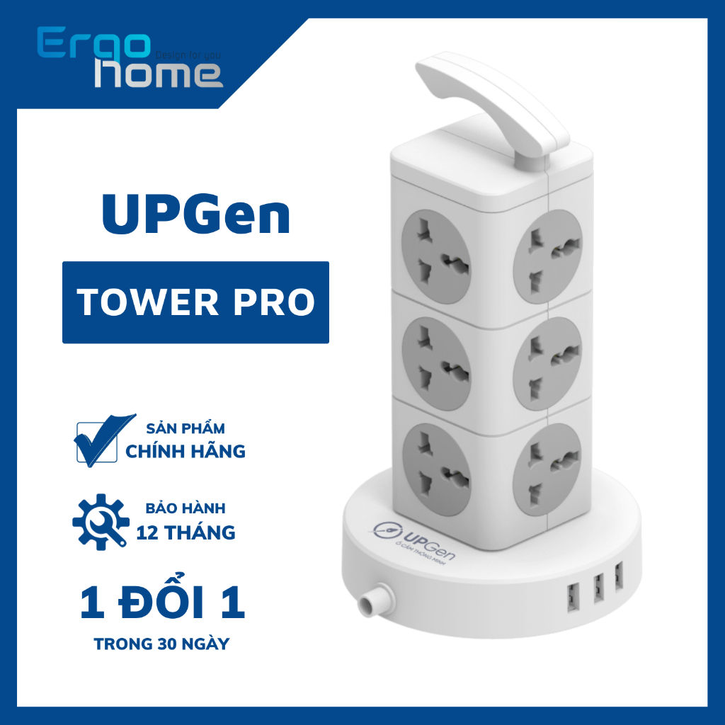 Ổ Cắm Điện Đa Năng UPGEN TOWER PRO Dạng Tháp Nhiều Tầng Chịu Tải Lớn, 3 cổng USB Sạc Nhanh, Chống Cháy - ERGOHOME