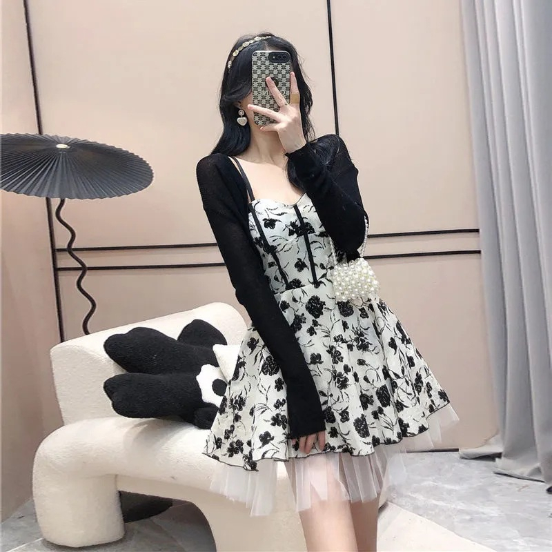 Set váy nữ - Váy hoa 2 dây kèm áo cadigan Có sẵn mút ngực Chất lụa hoa QC mềm mại không nhăn Kim Anh Shop