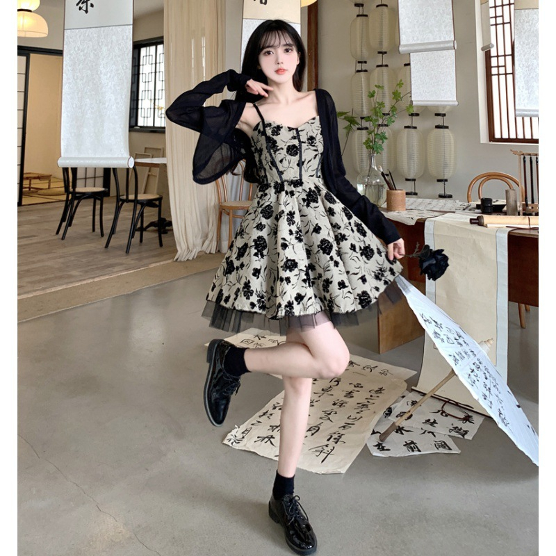 Set váy nữ - Váy hoa 2 dây kèm áo cadigan Có sẵn mút ngực Chất lụa hoa QC mềm mại không nhăn Kim Anh Shop