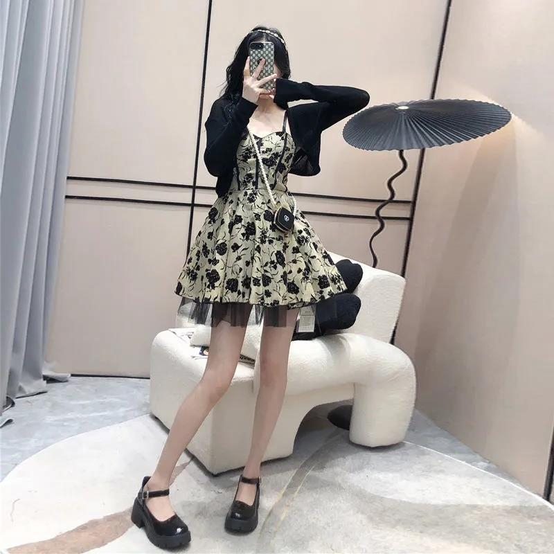 Set váy nữ - Váy hoa 2 dây kèm áo cadigan Có sẵn mút ngực Chất lụa hoa QC mềm mại không nhăn Kim Anh Shop