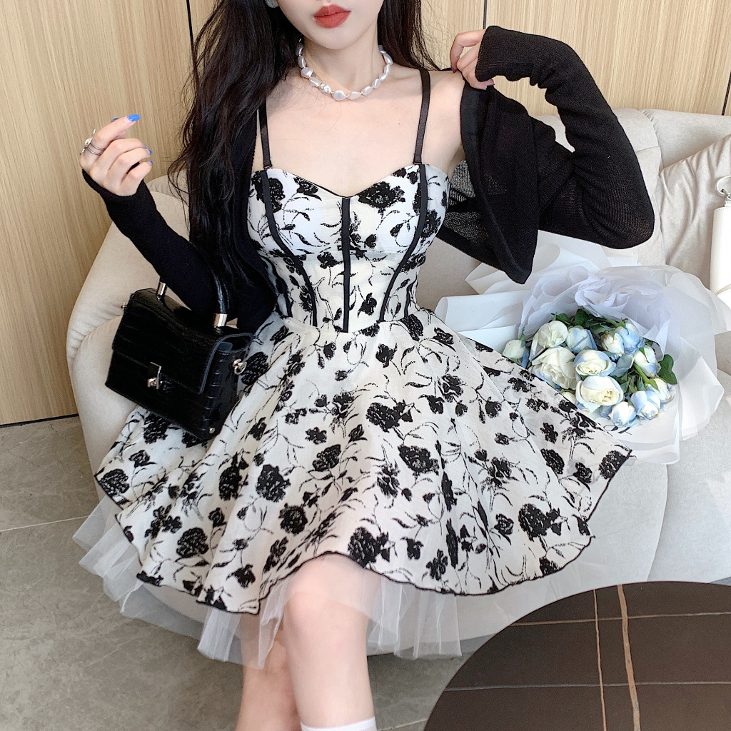 Set váy nữ - Váy hoa 2 dây kèm áo cadigan Có sẵn mút ngực Chất lụa hoa QC mềm mại không nhăn Kim Anh Shop