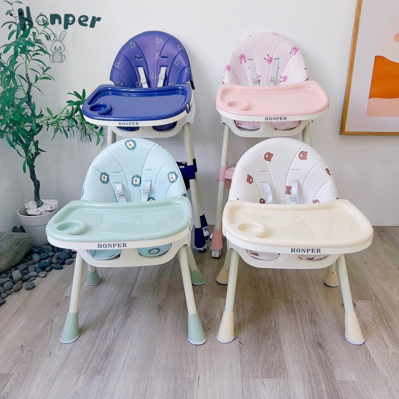 Ghế ăn dặm, ghế ngả Honper gấp gọn đệm hình (New) có chế độ gấp gọn, ngả và khoá bánh - bảo hành chính hãng 1 năm
