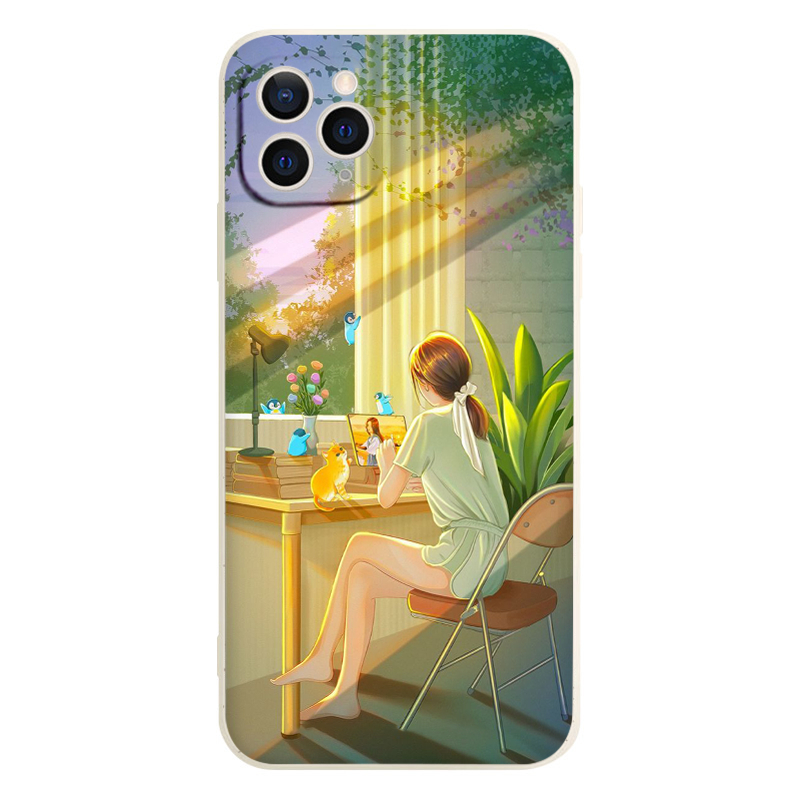 Ốp lưng Iphone viền vuông cô gái và mèo vàng bên khung cửa sổ 6/7/8Pl X XS xr xsm 11/12/13/14pro prm eh137