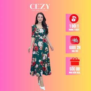 Đầm hoa cổ vuông tay phồng bo chun có size bigsize CEZY D208