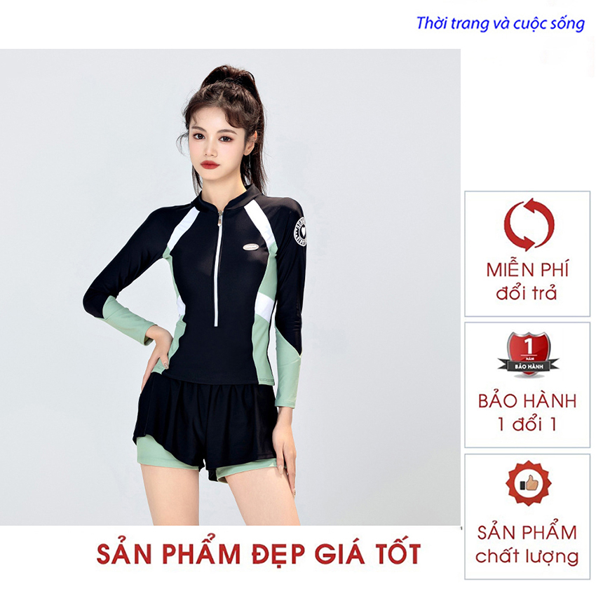 Đồ bơi nữ dài tay đi biển, Đồ bơi nữ hai mảnh vải mềm mại co giãn có đệm ngực phong cách thể thao năng động BD0037