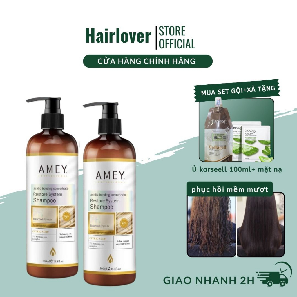 Dầu Gội Keratin phục hồi tóc hư tổn mềm mượt, chống rụng tóc, kích thích mọc tóc, kiềm dầu AMEY Canada 500mlx2 HAIRLOVER